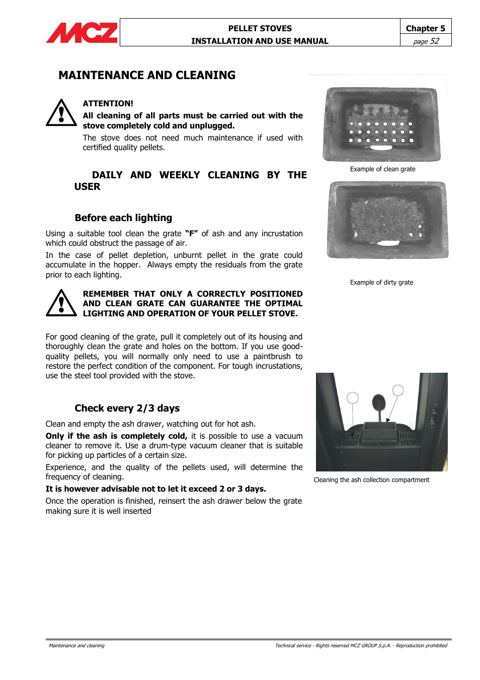 Maintenance and cleaning, Daily and weekly cleaning by the user, Before each lighting | Check every 2/3 days | MCZ Ego AIR User Manual | Page 52 / 60