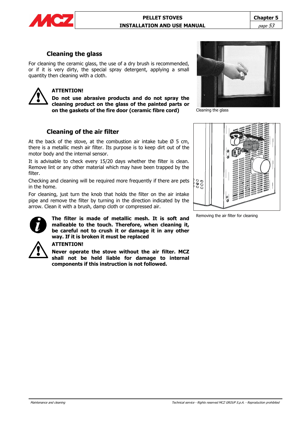 Cleaning the glass, Cleaning of the air filter | MCZ Ego AIR User Manual | Page 53 / 60