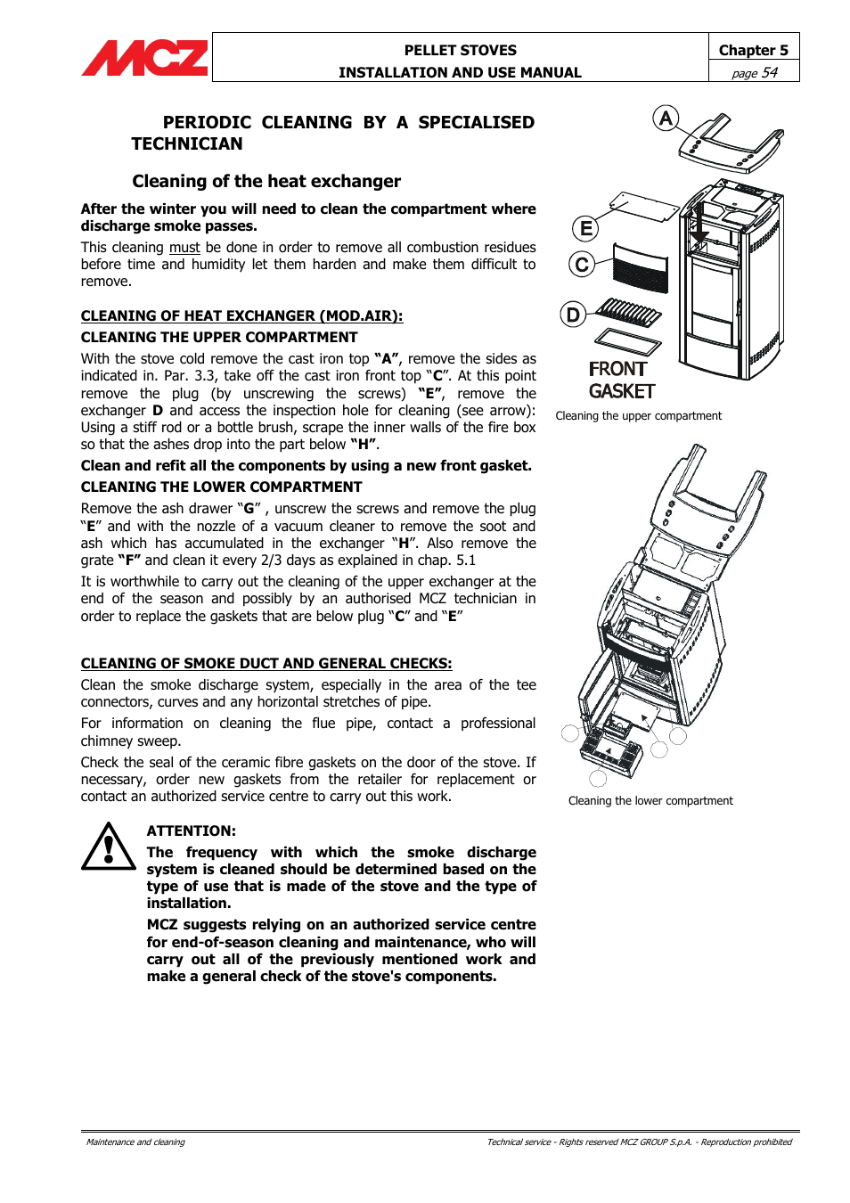 Periodic cleaning by a specialised technician, Cleaning of the heat exchanger | MCZ Ego AIR User Manual | Page 54 / 60