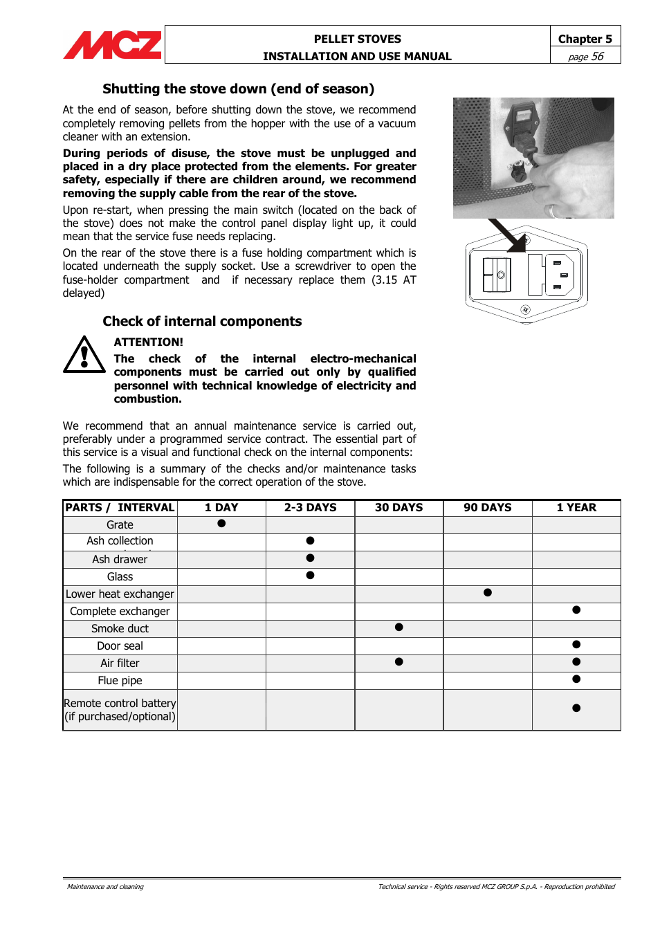 Shutting the stove down (end of season), Check of internal components | MCZ Ego AIR User Manual | Page 56 / 60