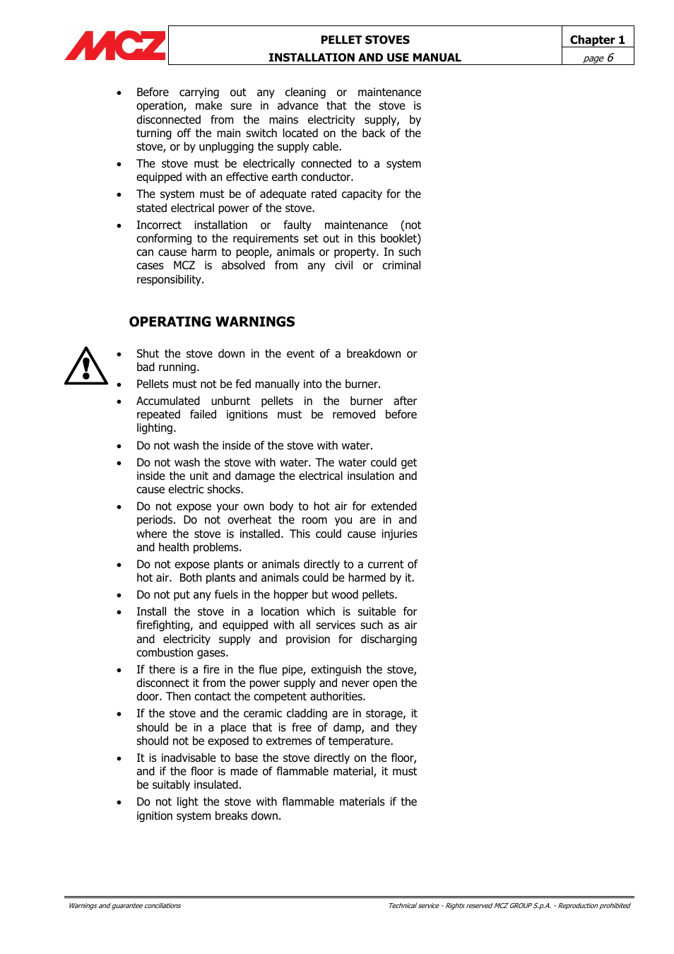 Operating warnings | MCZ Ego AIR User Manual | Page 6 / 60