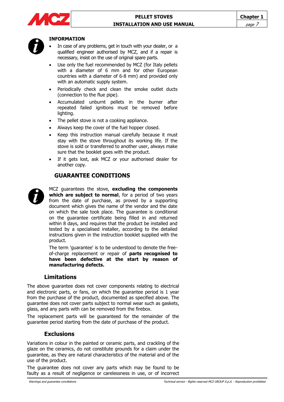 Guarantee conditions, Limitations, Exclusions | MCZ Ego AIR User Manual | Page 7 / 60
