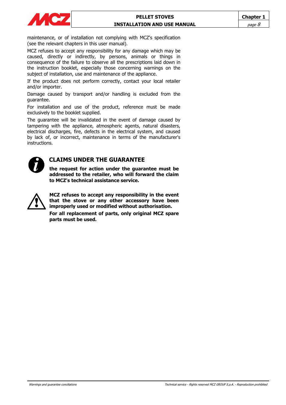 Claims under the guarantee | MCZ Ego AIR User Manual | Page 8 / 60