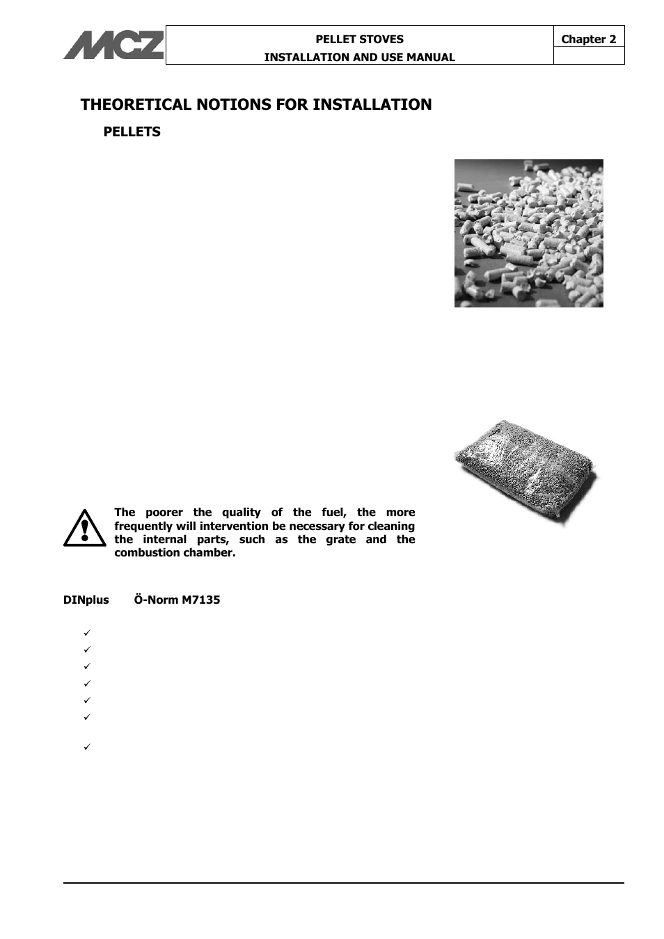 Theoretical notions for installation, Pellets | MCZ Face User Manual | Page 10 / 57