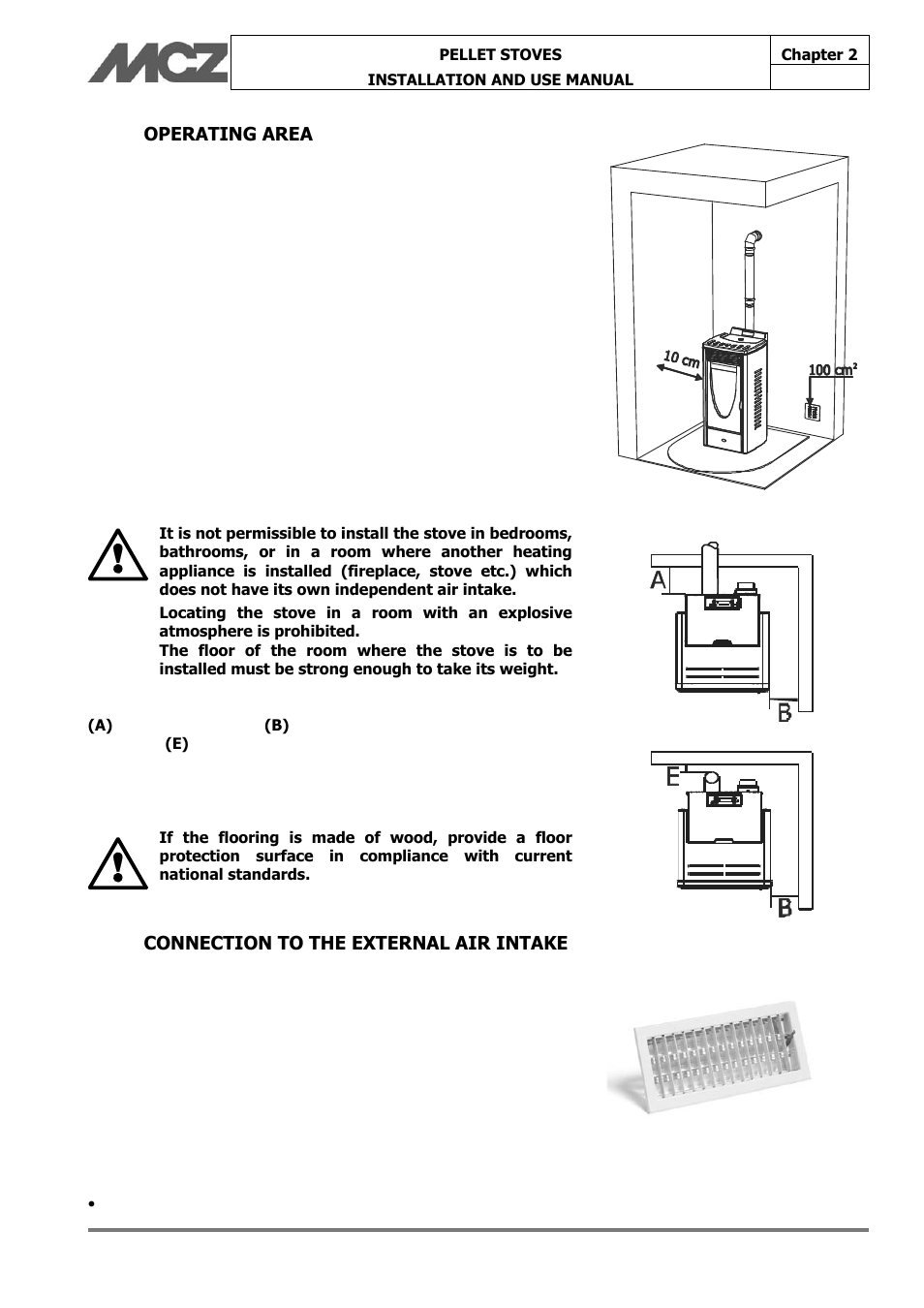 Operating area, Connection to the external air intake | MCZ Face User Manual | Page 12 / 57