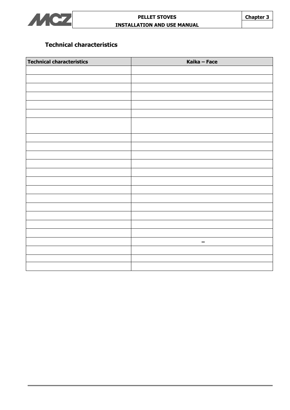 Technical characteristics | MCZ Face User Manual | Page 17 / 57