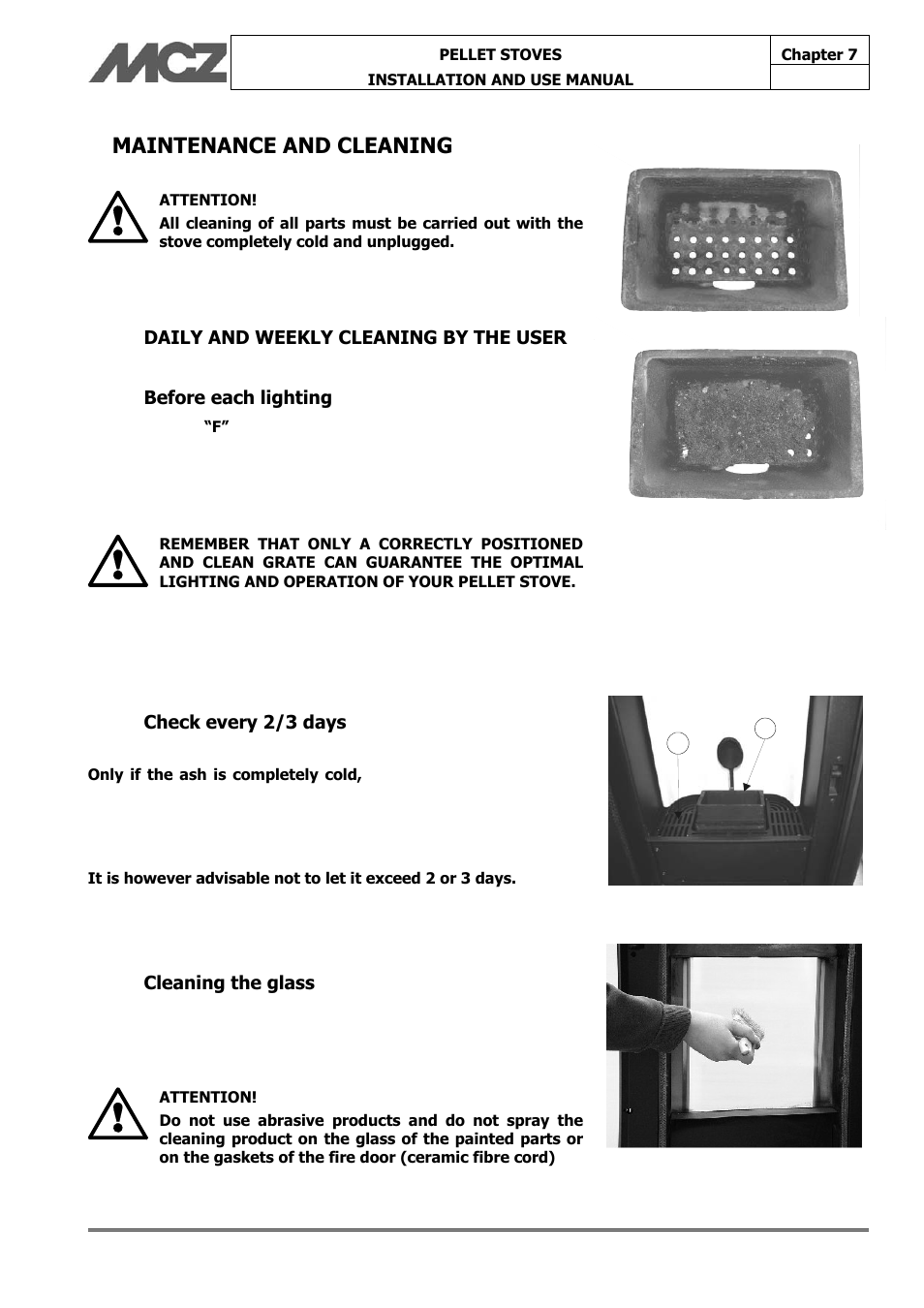 Maintenance and cleaning, Check every 2/3 days, Cleaning the glass | MCZ Face User Manual | Page 50 / 57