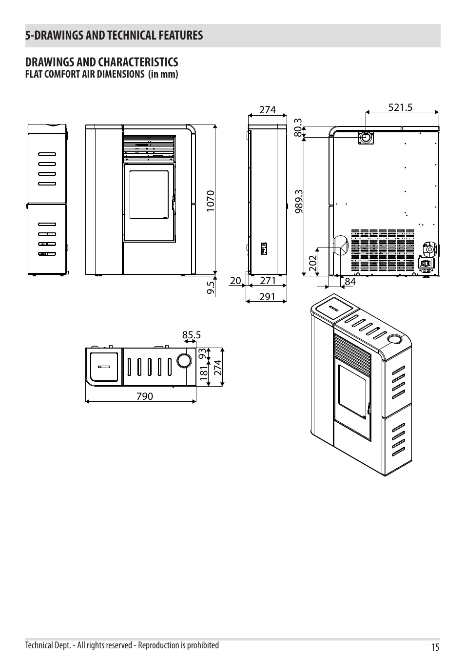 Drawings and technical features, Drawings and characteristics | MCZ Flair User Manual | Page 17 / 60
