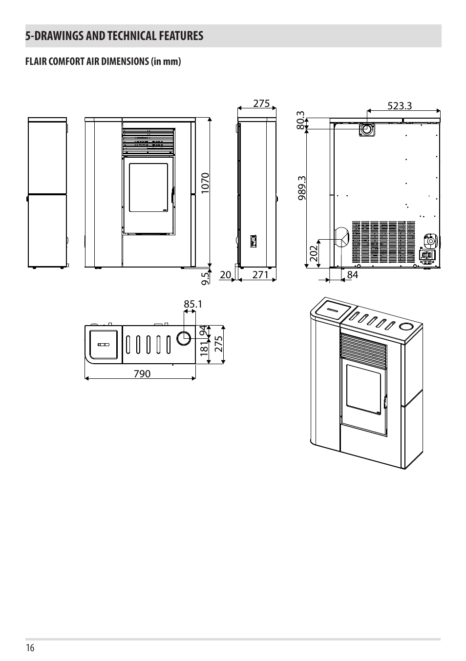 Drawings and technical features | MCZ Flair User Manual | Page 18 / 60
