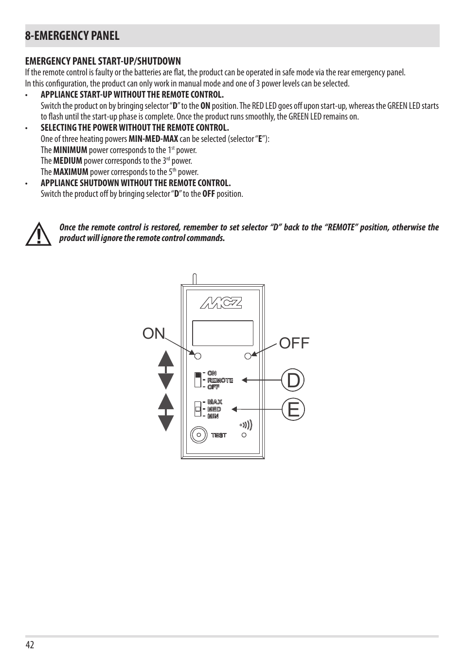 On off, Emergency panel | MCZ Flair User Manual | Page 44 / 60