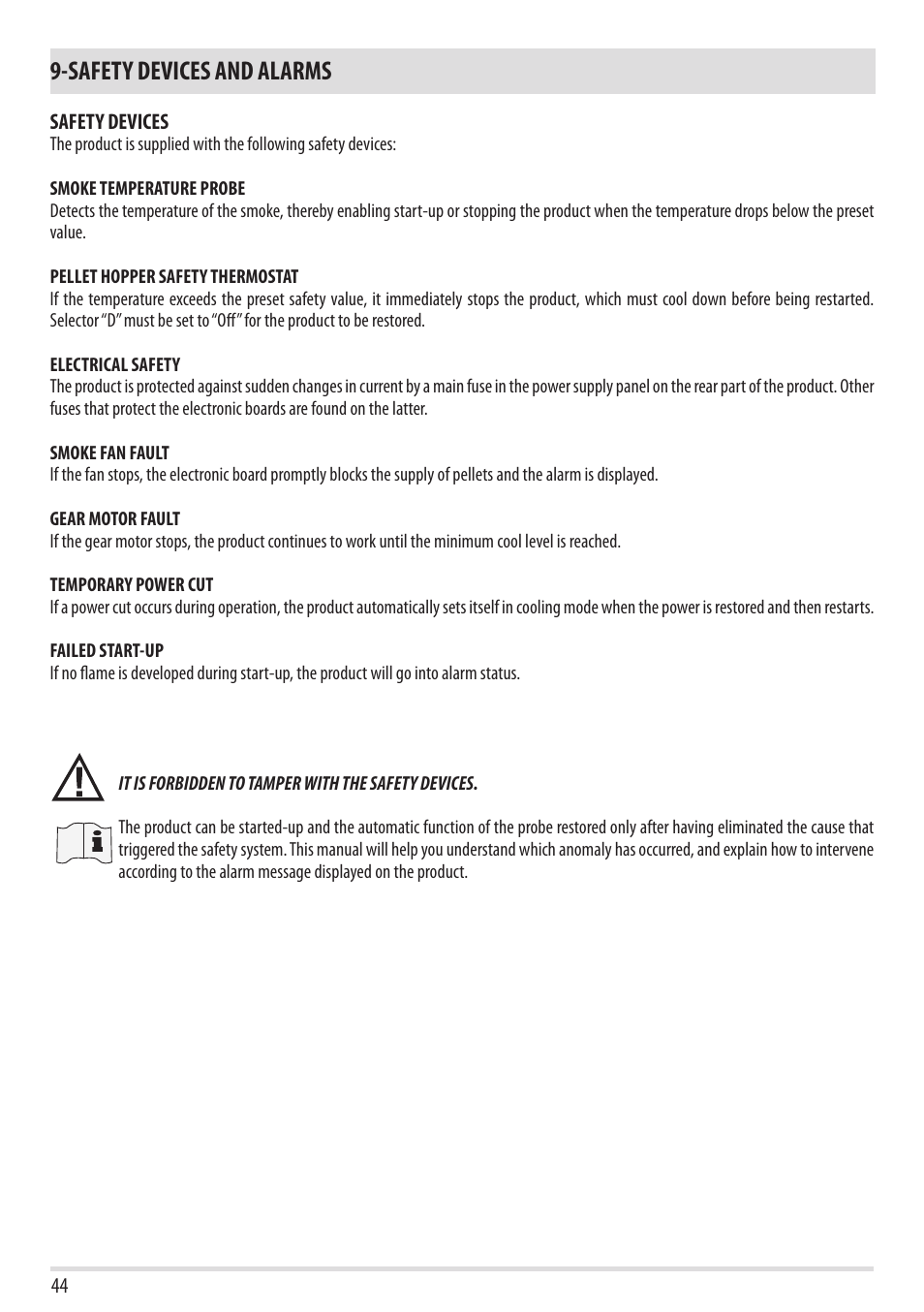 Safety devices and alarms | MCZ Flair User Manual | Page 46 / 60
