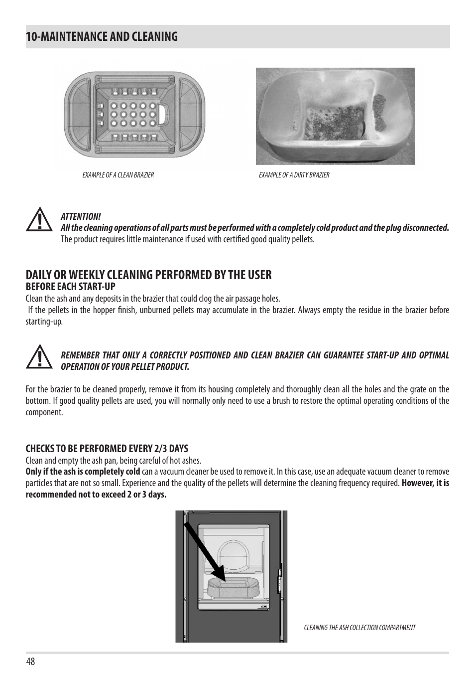 Maintenance and cleaning, Daily or weekly cleaning performed by the user | MCZ Flair User Manual | Page 50 / 60