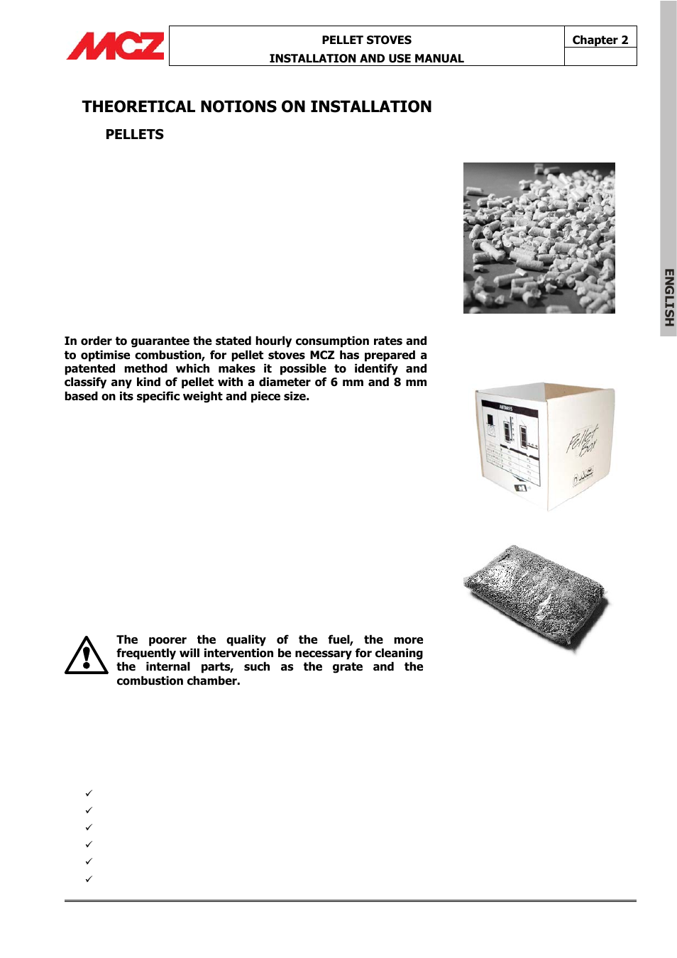 Theoretical notions on installation, Pellets | MCZ Omega '05 User Manual | Page 10 / 62
