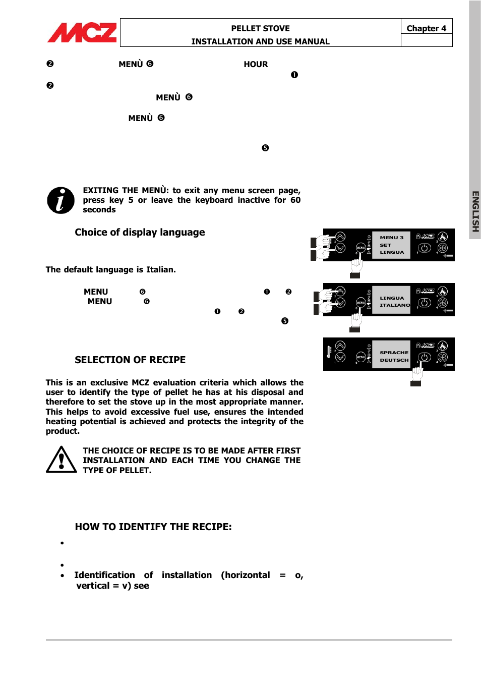 Choice of display language, Selection of recipe, How to identify the recipe | MCZ Omega '05 User Manual | Page 28 / 62