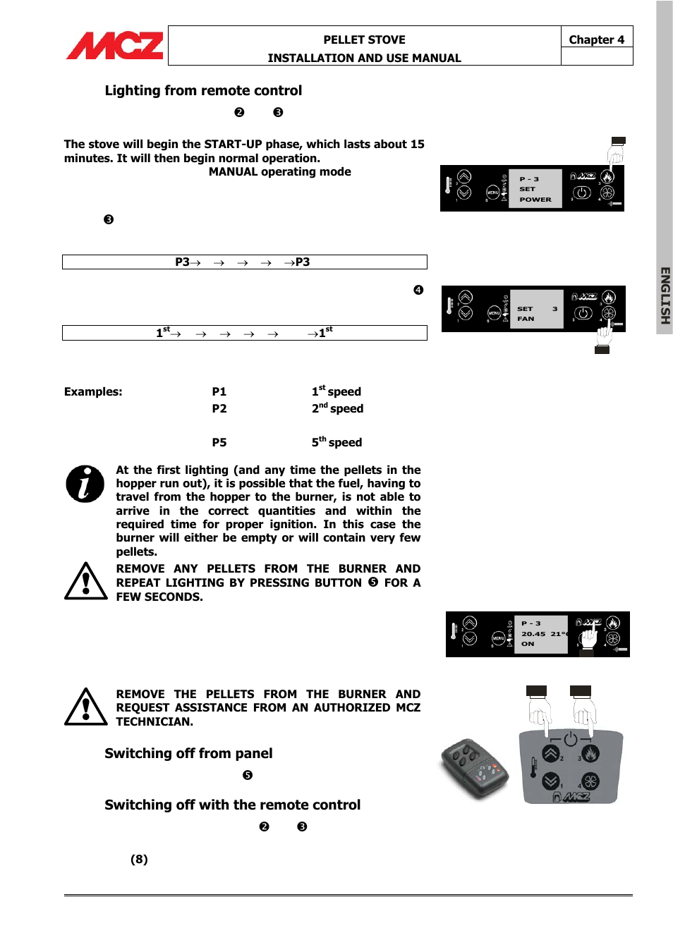 Lighting from remote control, Switching off from panel, Switching off with the remote control | MCZ Omega '05 User Manual | Page 31 / 62