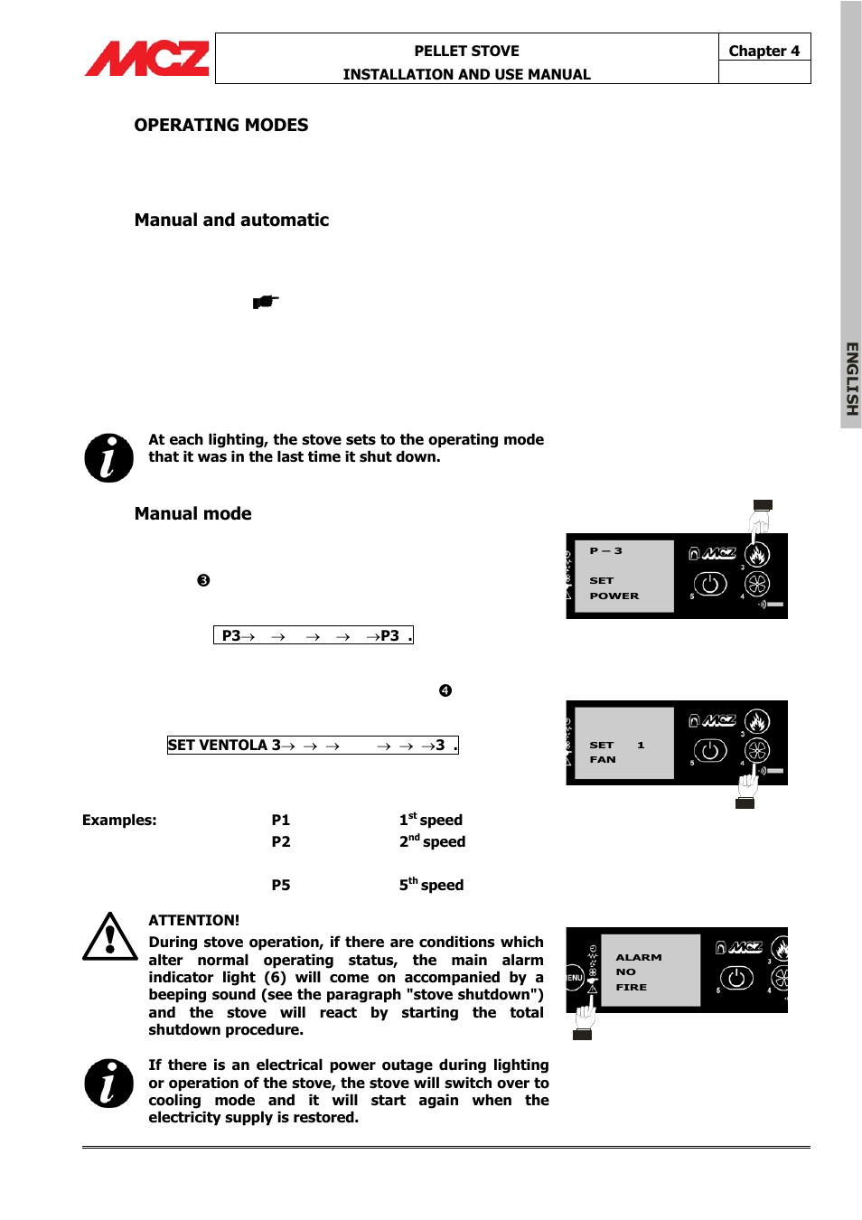 Operating modes, Manual and automatic, Manual mode | MCZ Omega '05 User Manual | Page 33 / 62