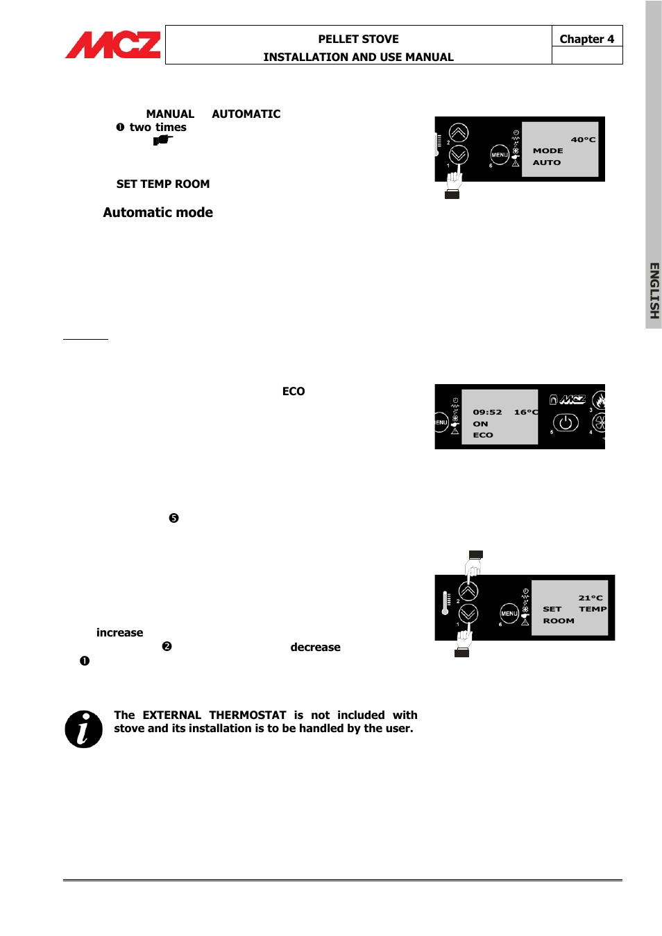 Changing from manual to automatic mode, External thermostat (optional), Automatic mode | MCZ Omega '05 User Manual | Page 34 / 62