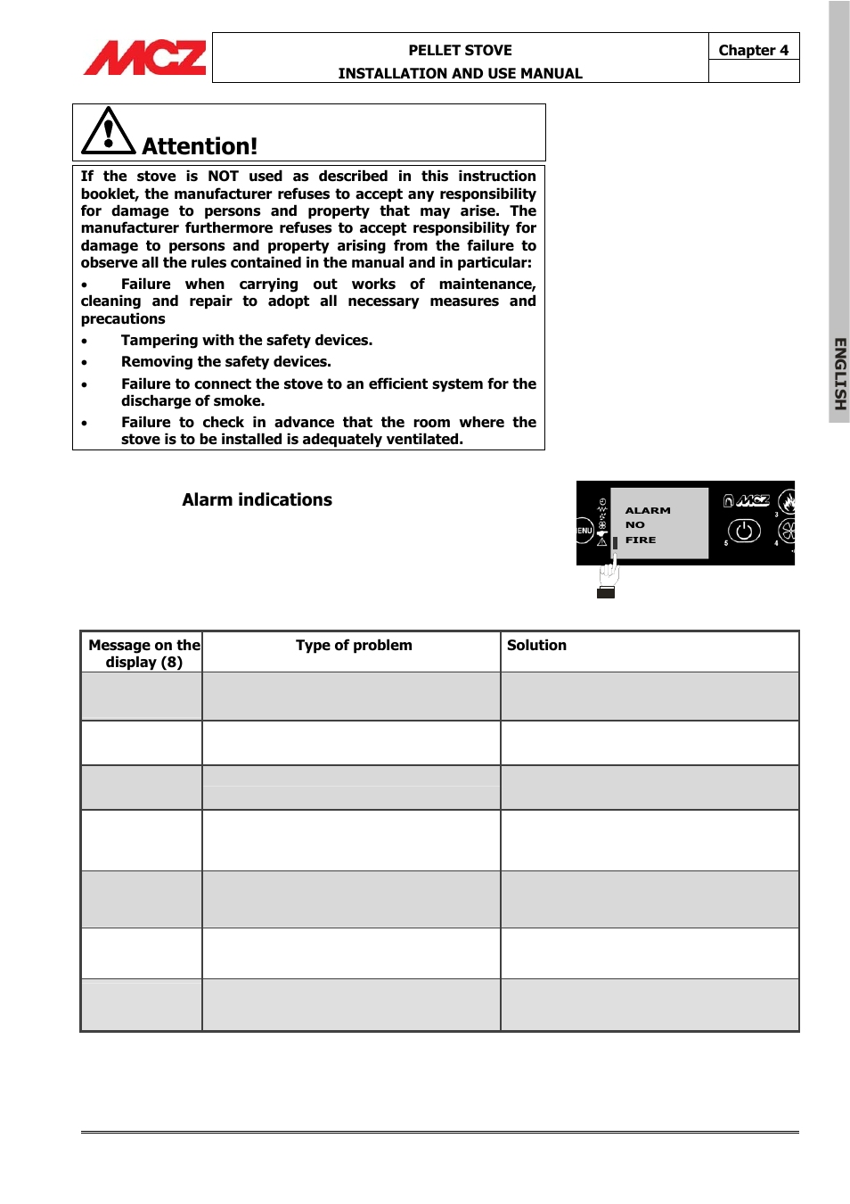 Attention, Alarm indications | MCZ Omega '05 User Manual | Page 40 / 62