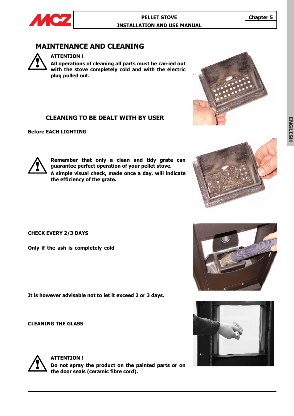 Maintenance and cleaning, Cleaning to be dealt with by user | MCZ Omega '05 User Manual | Page 43 / 62