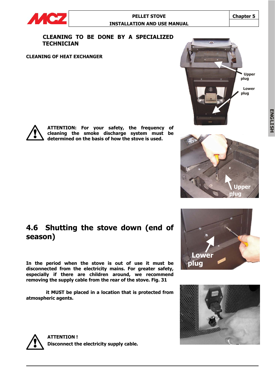 6 shutting the stove down (end of season), Lower, Plug | MCZ Omega '05 User Manual | Page 44 / 62