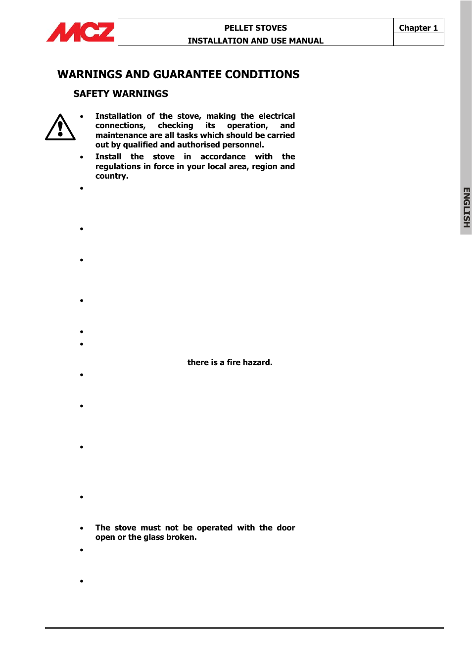 Warnings and guarantee conditions | MCZ Omega '05 User Manual | Page 6 / 62