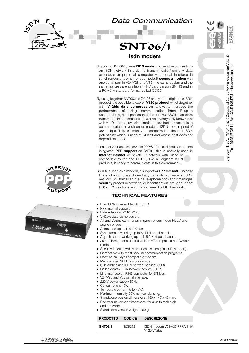 Digicom SNT06/1 User Manual | 1 page