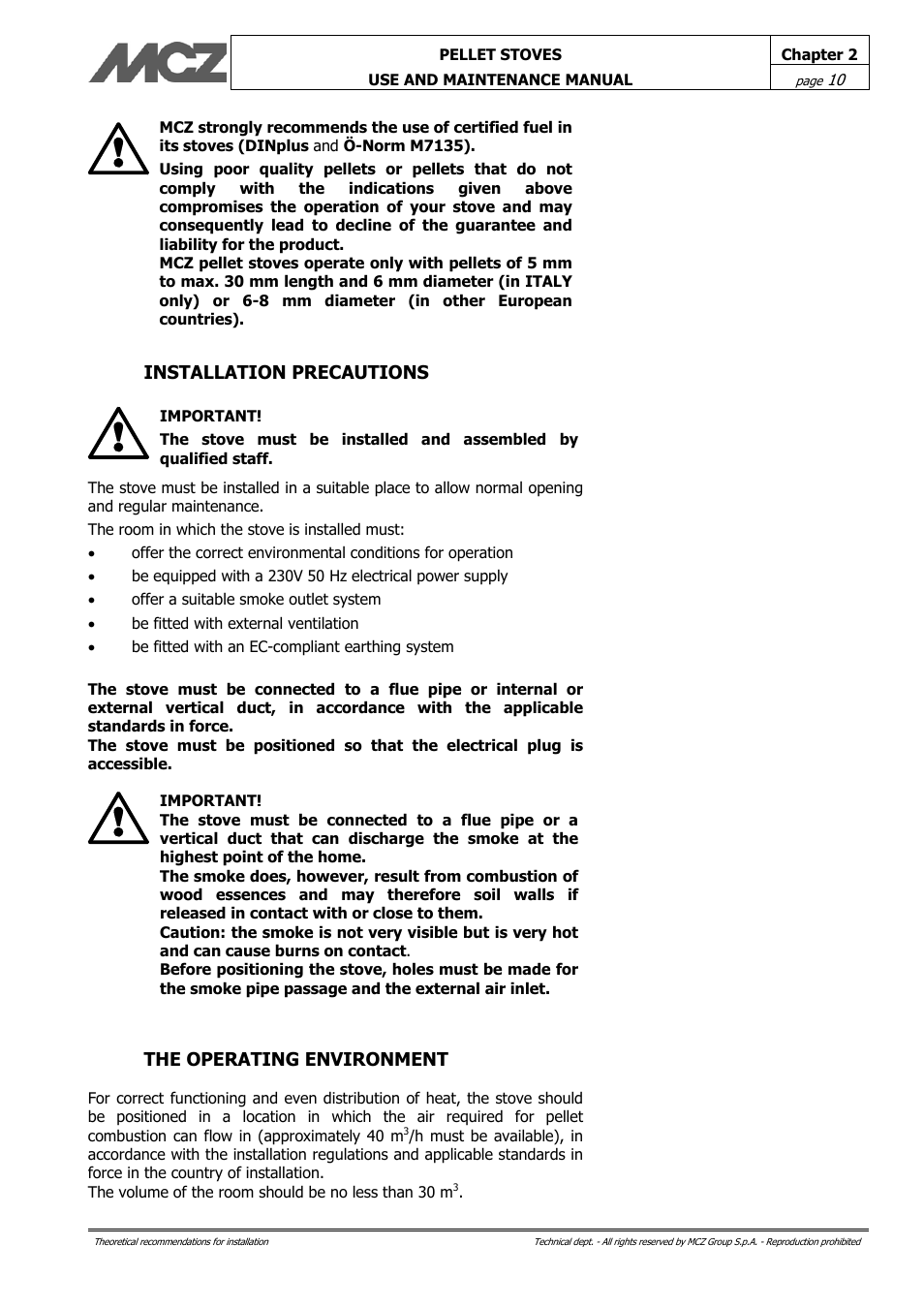 Installation precautions, The operating environment | MCZ Philo User Manual | Page 10 / 46
