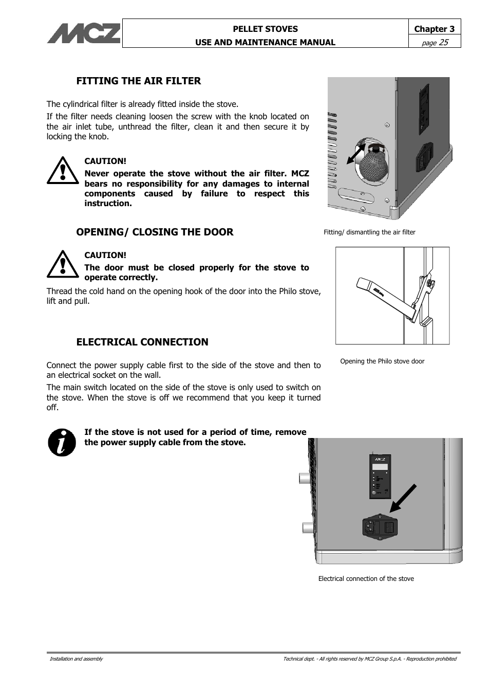 Fitting the air filter, Opening/ closing the door, Electrical connection | MCZ Philo User Manual | Page 25 / 46