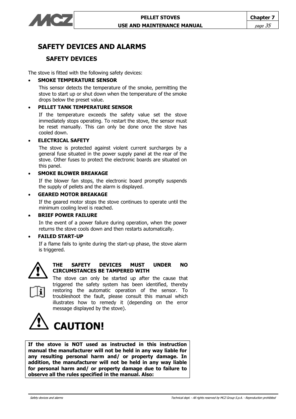 Caution, Safety devices and alarms | MCZ Philo User Manual | Page 35 / 46