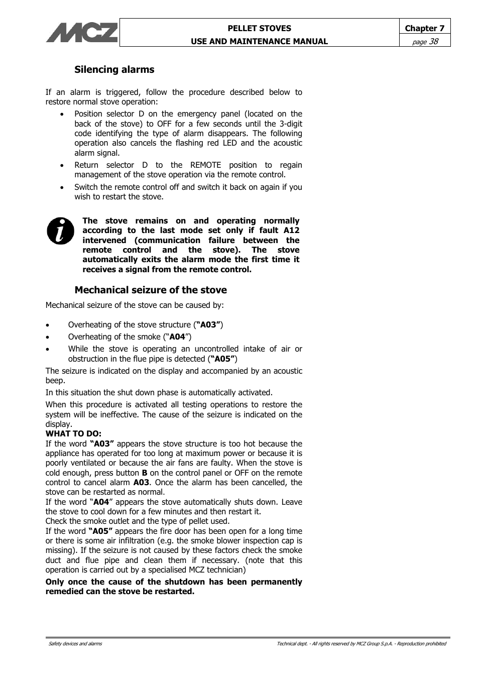 Silencing alarms, Mechanical seizure of the stove | MCZ Philo User Manual | Page 38 / 46