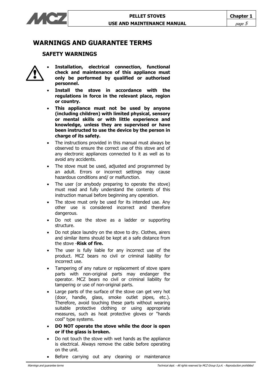 Warnings and guarantee terms | MCZ Philo User Manual | Page 5 / 46