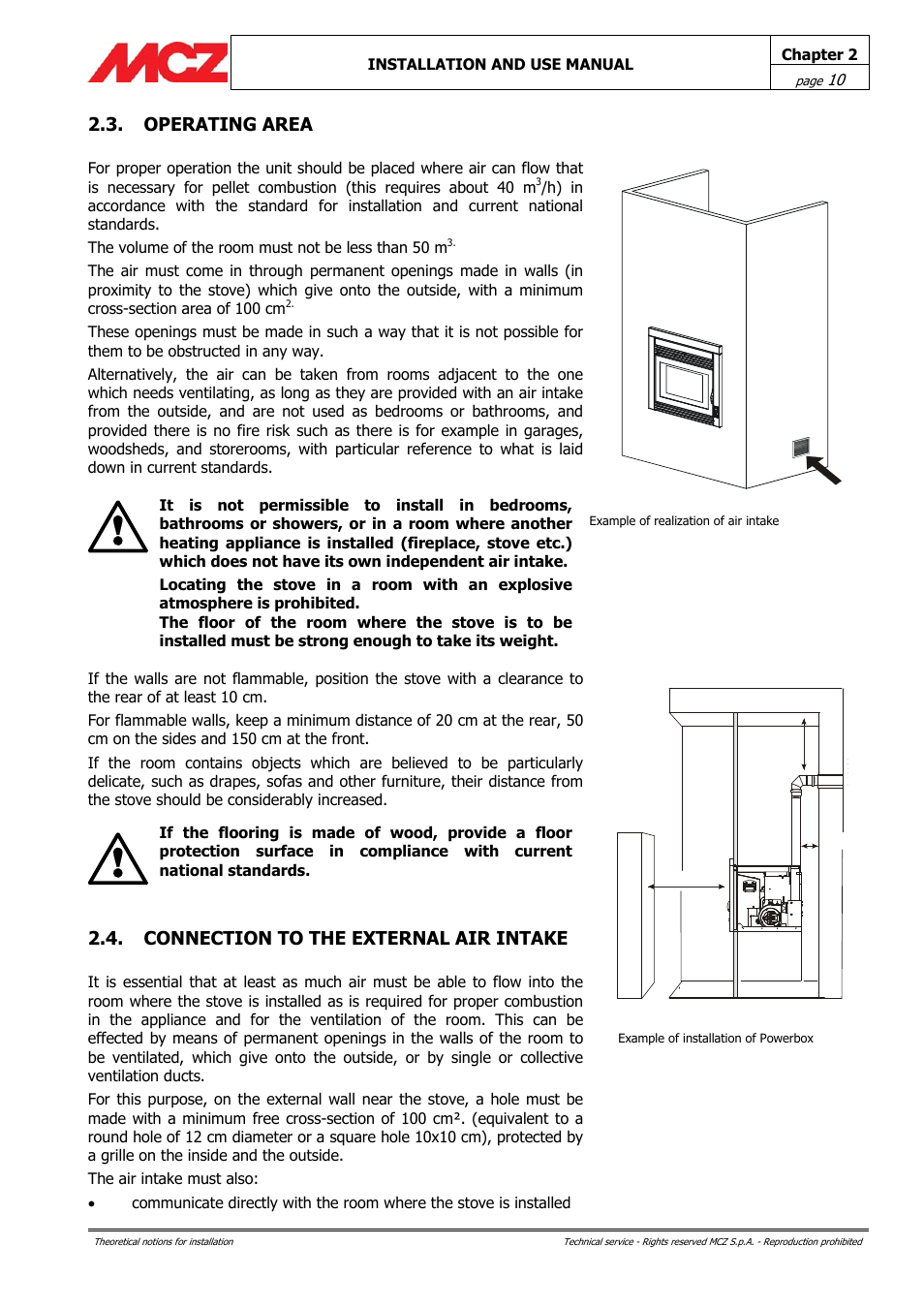 Operating area, Connection to the external air intake | MCZ PowerBox COMPACT User Manual | Page 10 / 56