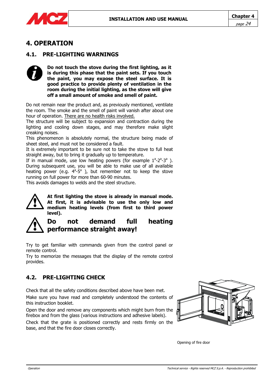 Operation, Pre-lighting warnings, Pre-lighting check | MCZ PowerBox COMPACT User Manual | Page 24 / 56