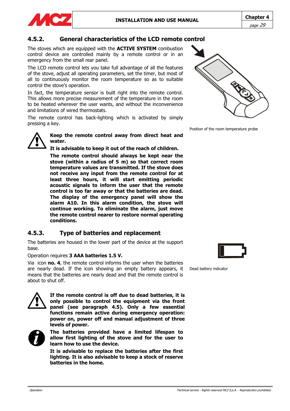 General characteristics of the lcd remote control, Type of batteries and replacement | MCZ PowerBox COMPACT User Manual | Page 29 / 56