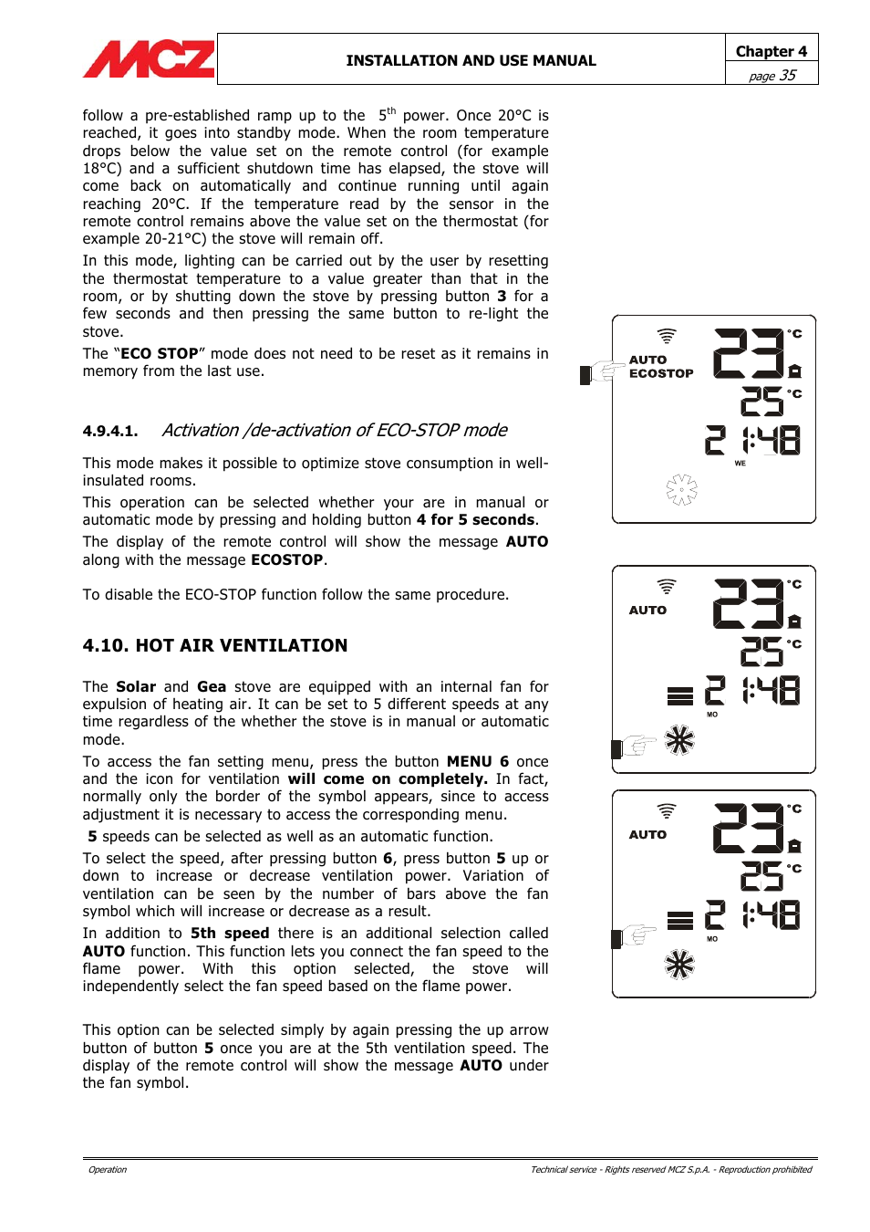 Activation /de-activation of eco-stop mode, Hot air ventilation | MCZ PowerBox COMPACT User Manual | Page 35 / 56