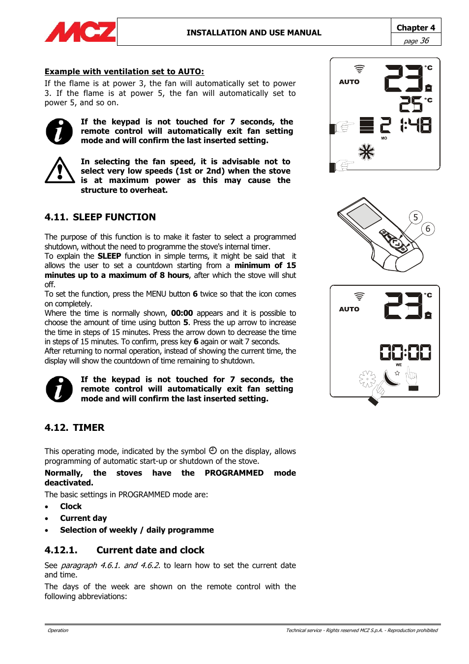 Sleep function, Timer, Current date and clock | MCZ PowerBox COMPACT User Manual | Page 36 / 56