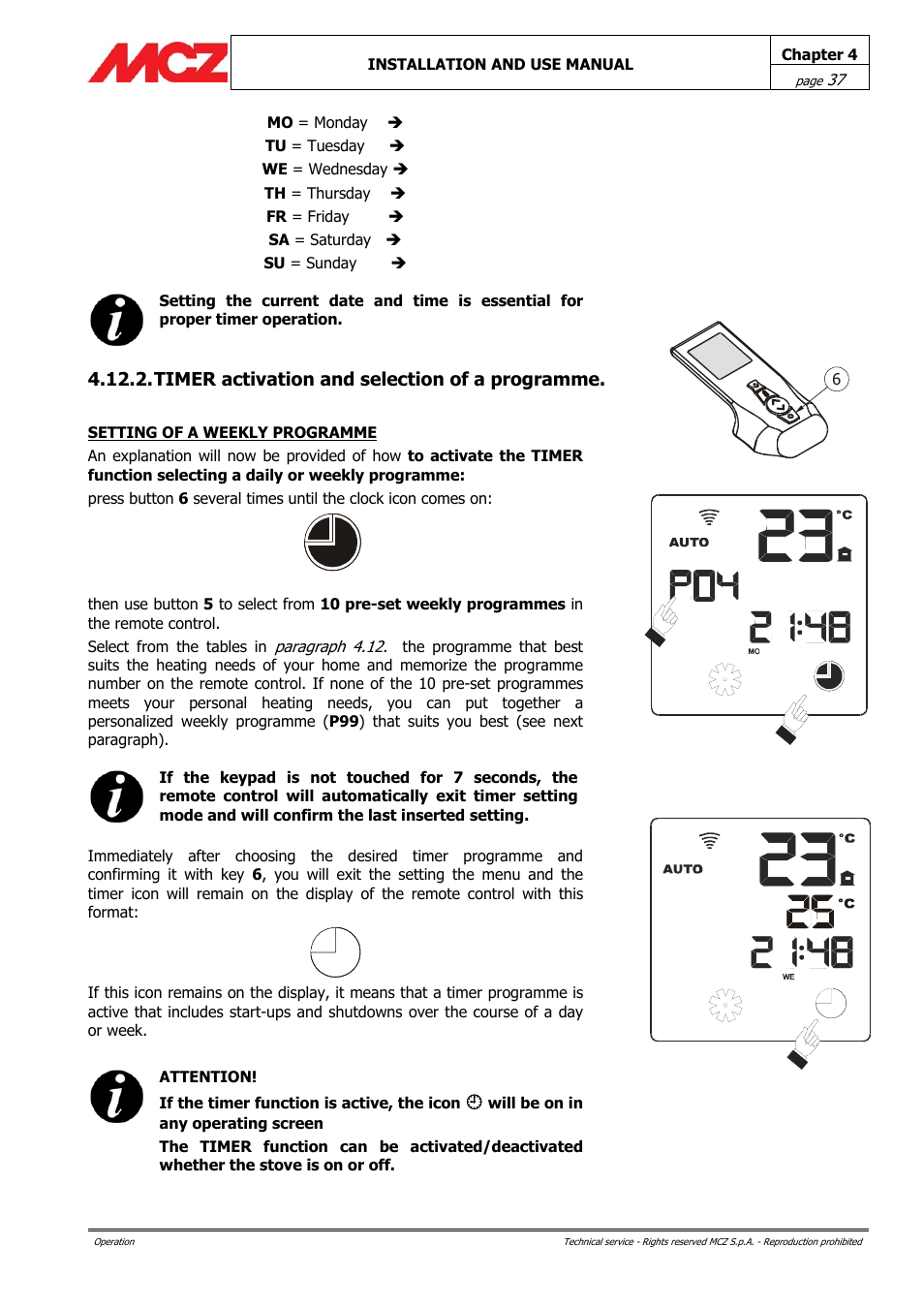 Timer activation and selection of a programme | MCZ PowerBox COMPACT User Manual | Page 37 / 56