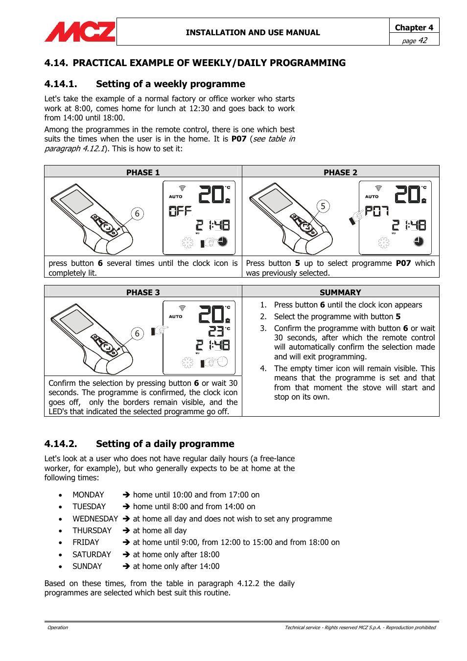 Setting of a daily programme | MCZ PowerBox COMPACT User Manual | Page 42 / 56