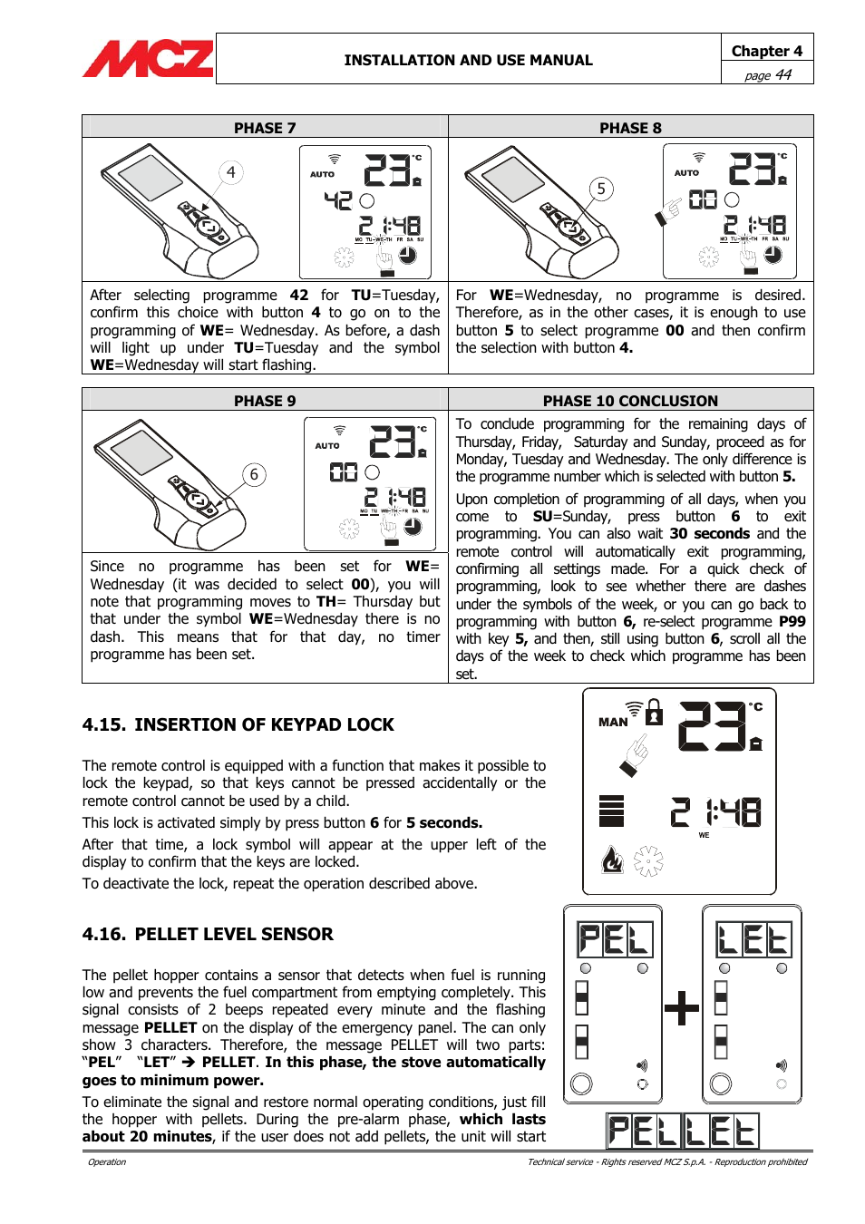 Insertion of keypad lock, Pellet level sensor | MCZ PowerBox COMPACT User Manual | Page 44 / 56