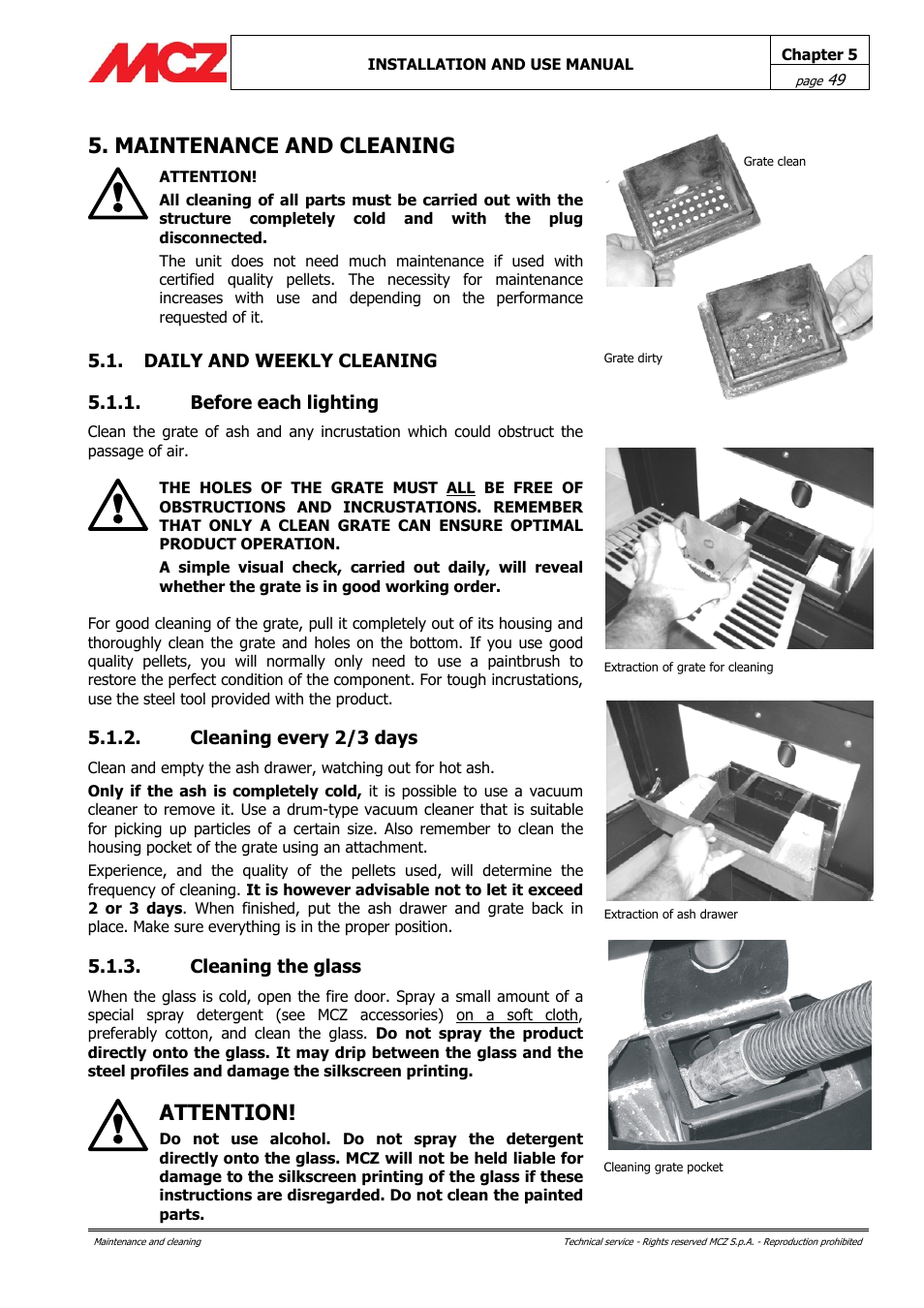 Maintenance and cleaning, Attention, Cleaning every 2/3 days | Cleaning the glass | MCZ PowerBox COMPACT User Manual | Page 49 / 56