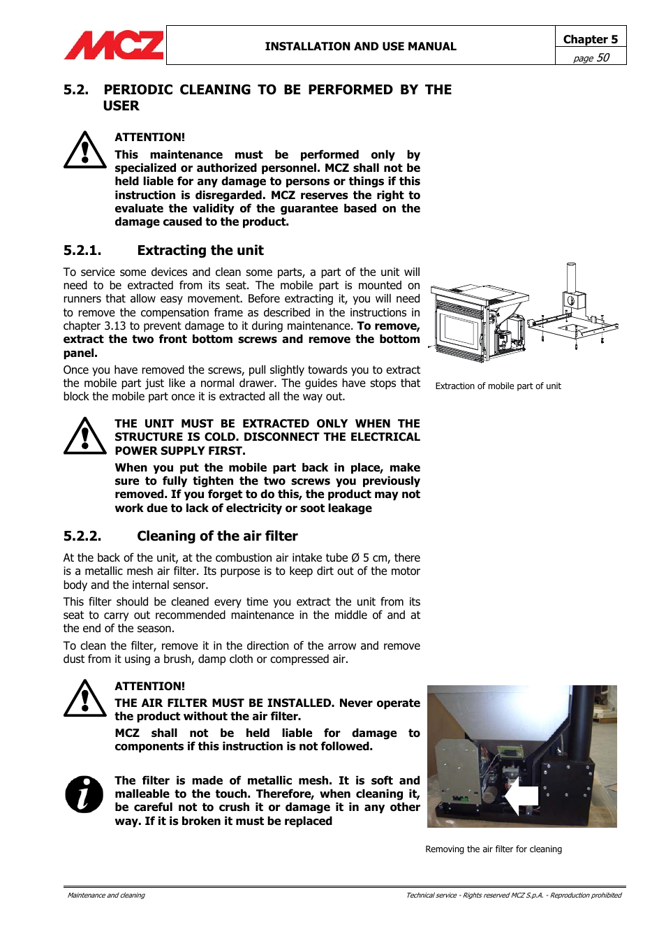 Periodic cleaning to be performed by the user, Extracting the unit, Cleaning of the air filter | MCZ PowerBox COMPACT User Manual | Page 50 / 56