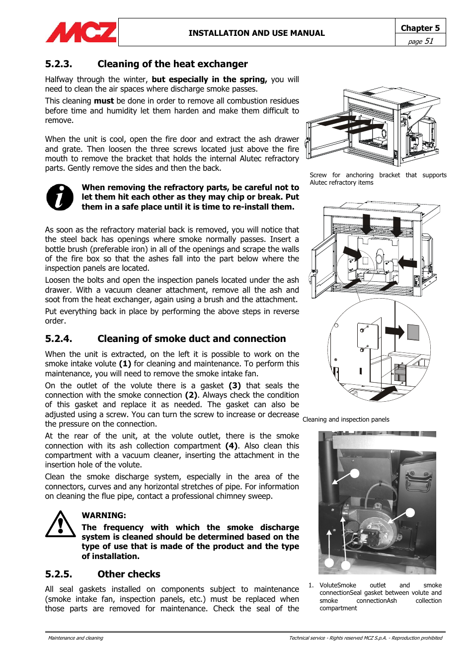 Cleaning of the heat exchanger, Cleaning of smoke duct and connection, Other checks | MCZ PowerBox COMPACT User Manual | Page 51 / 56