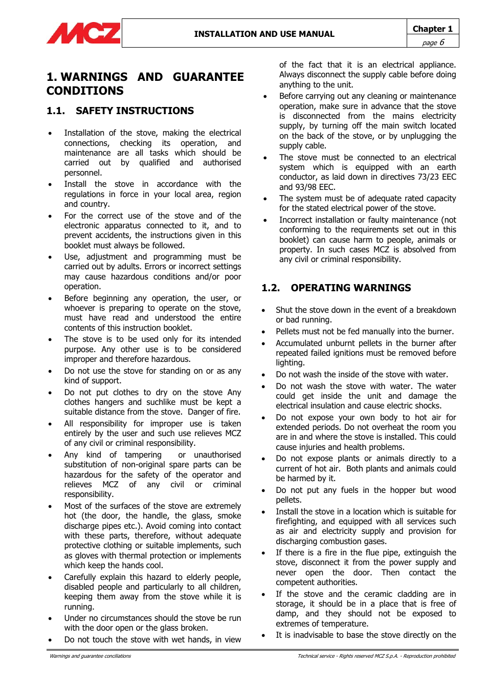 Warnings and guarantee conditions | MCZ PowerBox COMPACT User Manual | Page 6 / 56