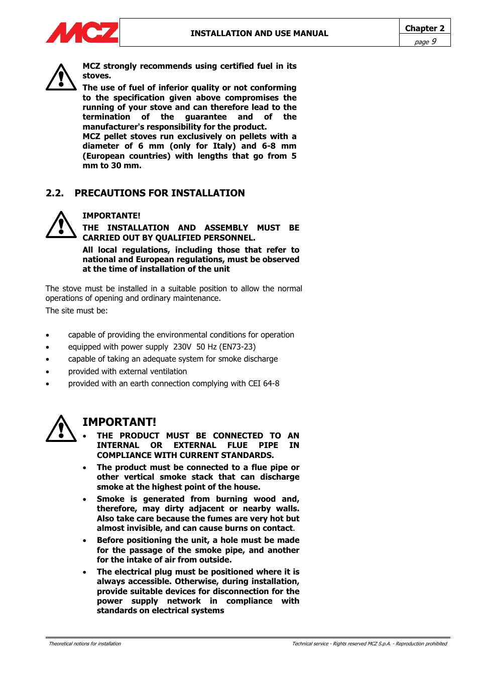 Important | MCZ PowerBox COMPACT User Manual | Page 9 / 56