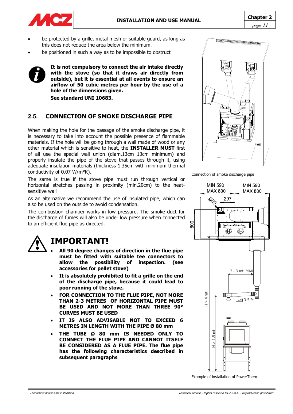 Important, Connection of smoke discharge pipe | MCZ PowerTherm User Manual | Page 11 / 61