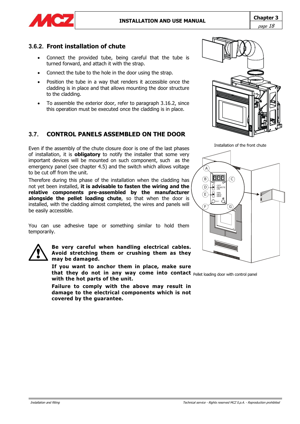 Front installation of chute, Control panels assembled on the door | MCZ PowerTherm User Manual | Page 18 / 61