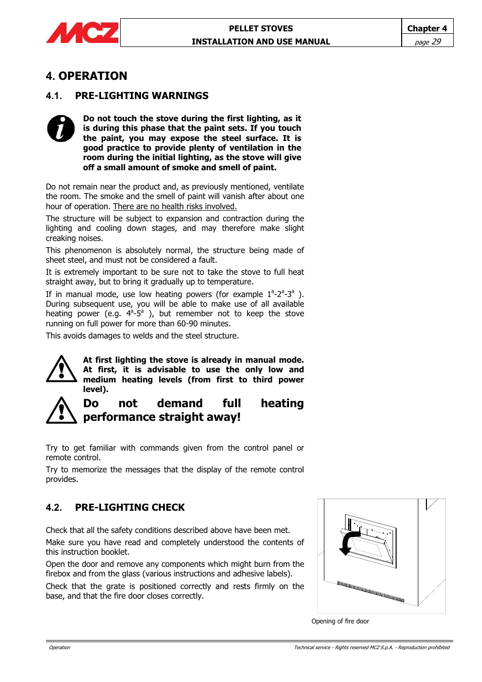 Operation, Pre-lighting warnings, Pre-lighting check | MCZ PowerTherm User Manual | Page 29 / 61