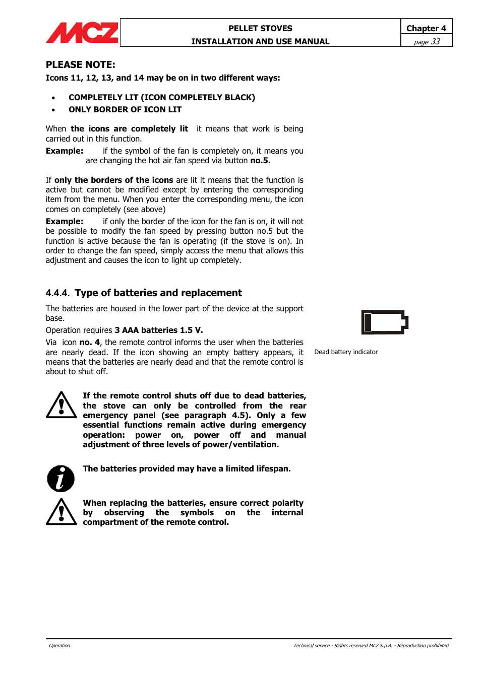 Type of batteries and replacement | MCZ PowerTherm User Manual | Page 33 / 61