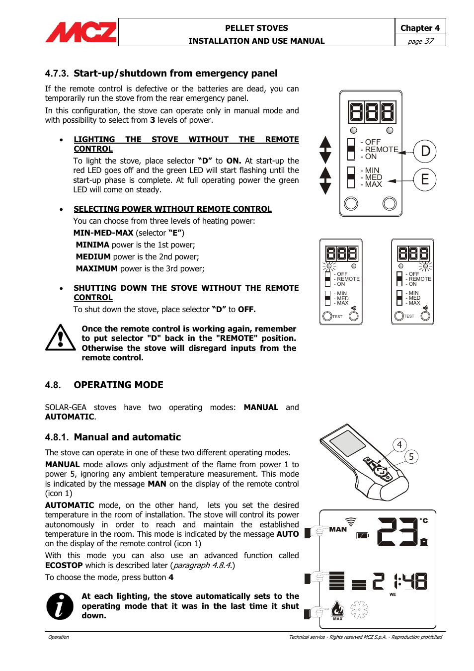 Start-up/shutdown from emergency panel, Operating mode, Manual and automatic | MCZ PowerTherm User Manual | Page 37 / 61