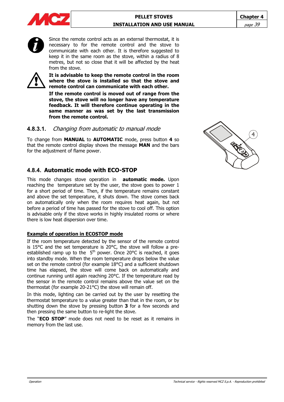 Changing from automatic to manual mode | MCZ PowerTherm User Manual | Page 39 / 61